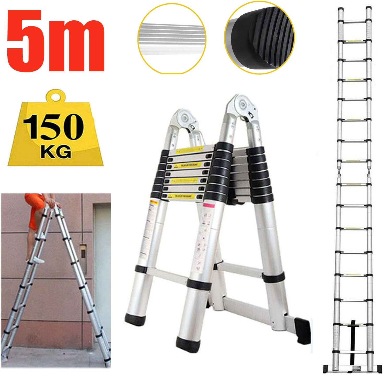 16.5 FT Aluminum Telescopic Extension Ladder Multi-Use Telescoping Ladder 330 Pound Capacity for Indoor Outdoor DIY Tools