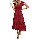 MEROKEETY Women's Summer 2026 Casual Midi Dress Flutter Sleeve V Neck Smocked Tiered Beach Vacation Dresses