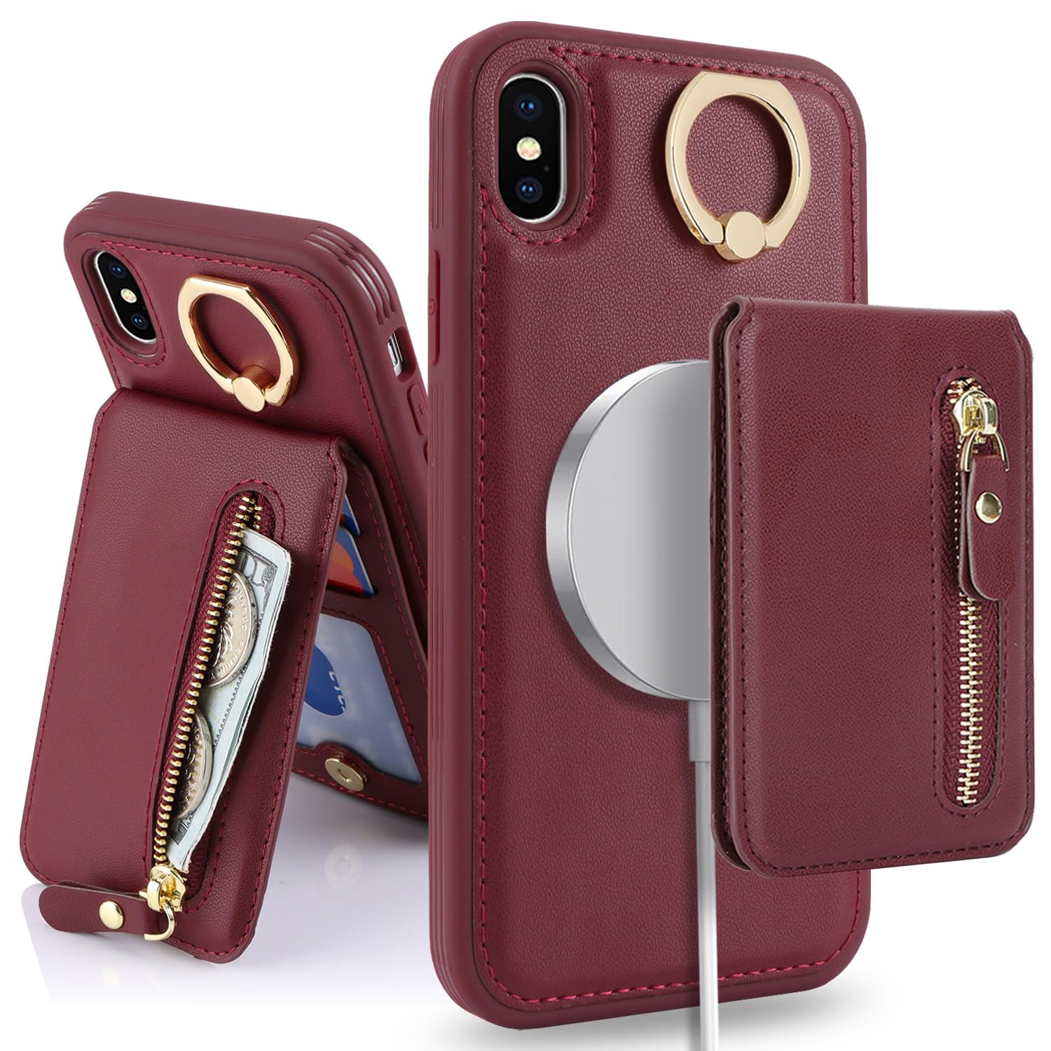 SailorTech iPhone X/XS Case with Card Holder, Ring Stand, Kickstand - Burgundy