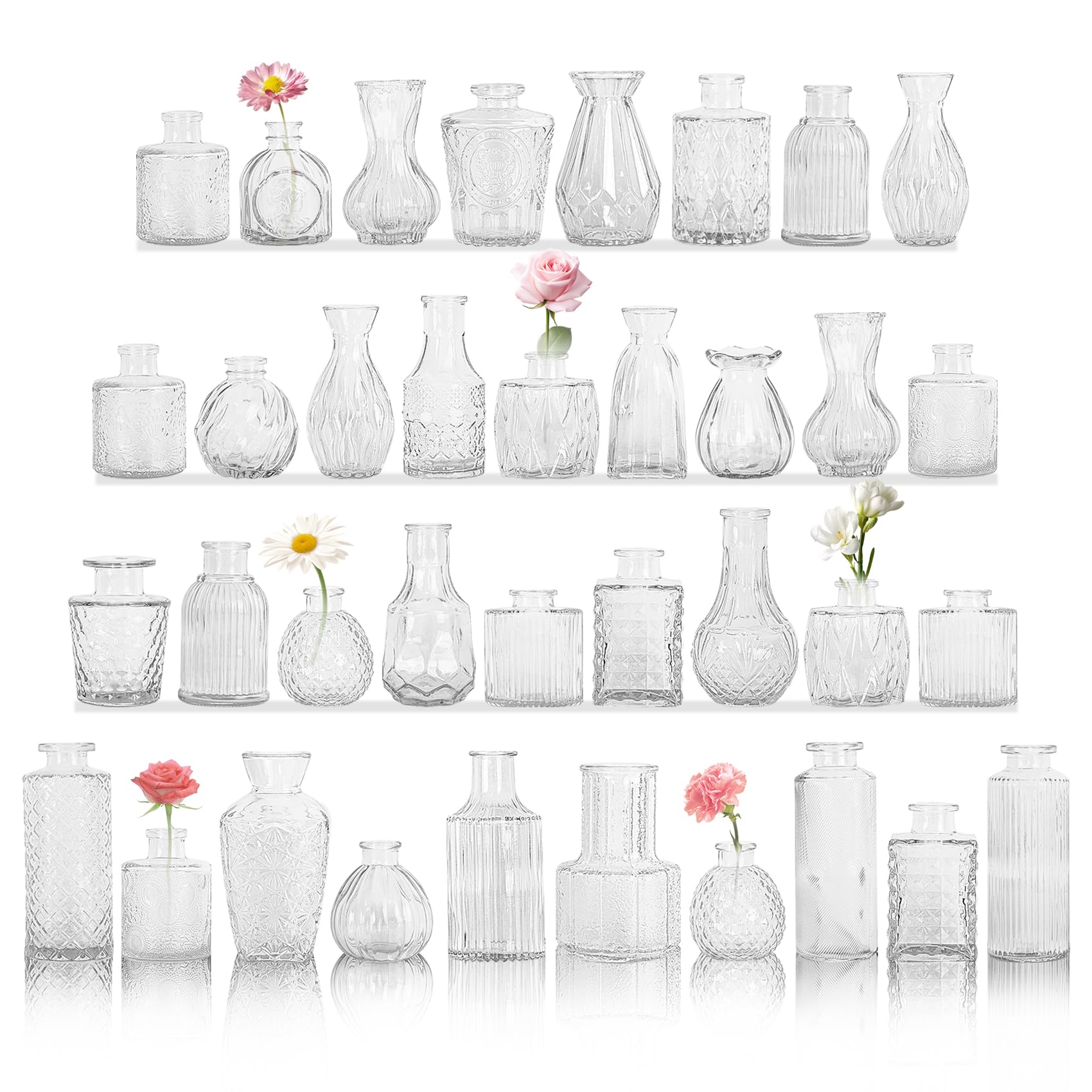 Photo 1 of Set of 36 Glass Bud Vase Set, Small Vintage Clear Flower Vase Centerpieces for Table Bulk Cute Rustic Style Mini Vase for Home Decor Wedding Baby Shower Birthday Party