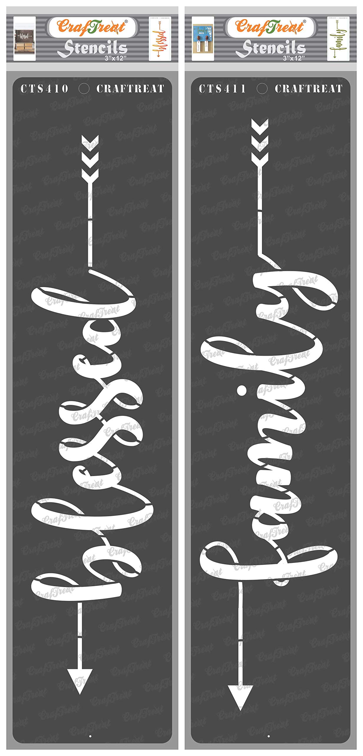 CrafTreat Reusable Blessed Stencils for Painting on Wood, Canvas, Paper, Fabric, Floor, Wall and Tile - Blessed and Family Word - 2 Pcs - 3x12 Inches Each - DIY Art and Craft Stencils - Word Stencils