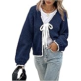 Milumia Women's Tie Front Bow Cardigan Contrast Binding V Neck Long Sleeve Knitted Sweaters