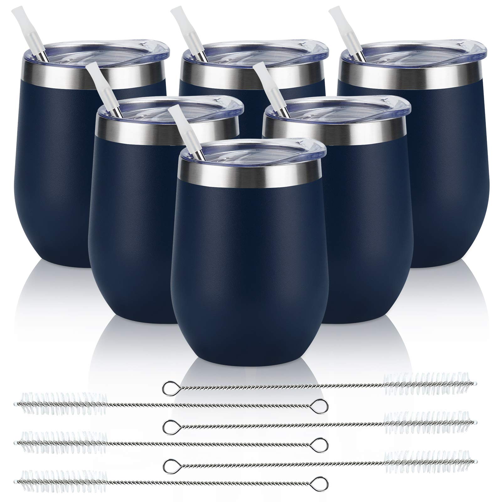 6 Pack Stainless Steel Wine Tumblers, 12Oz Insulated Wine Tumbler, Double Wall Insulated Wine Glass, Stainless Steel Stemless Wine Cups with Lids for Coffee, Wine, Cocktails, Champaign, Navy Blue