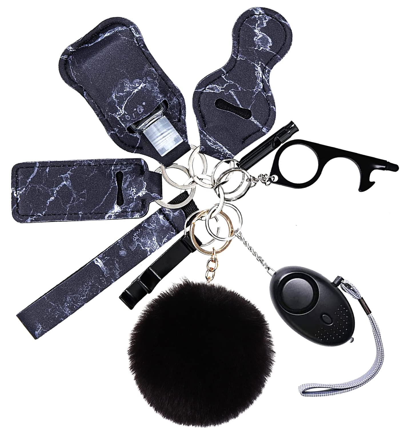 Flymind Safe Keychain Set for Girls with Personal Safety Alarm, Hand Sanitizer Holder, Whistle and Pom Black Marble