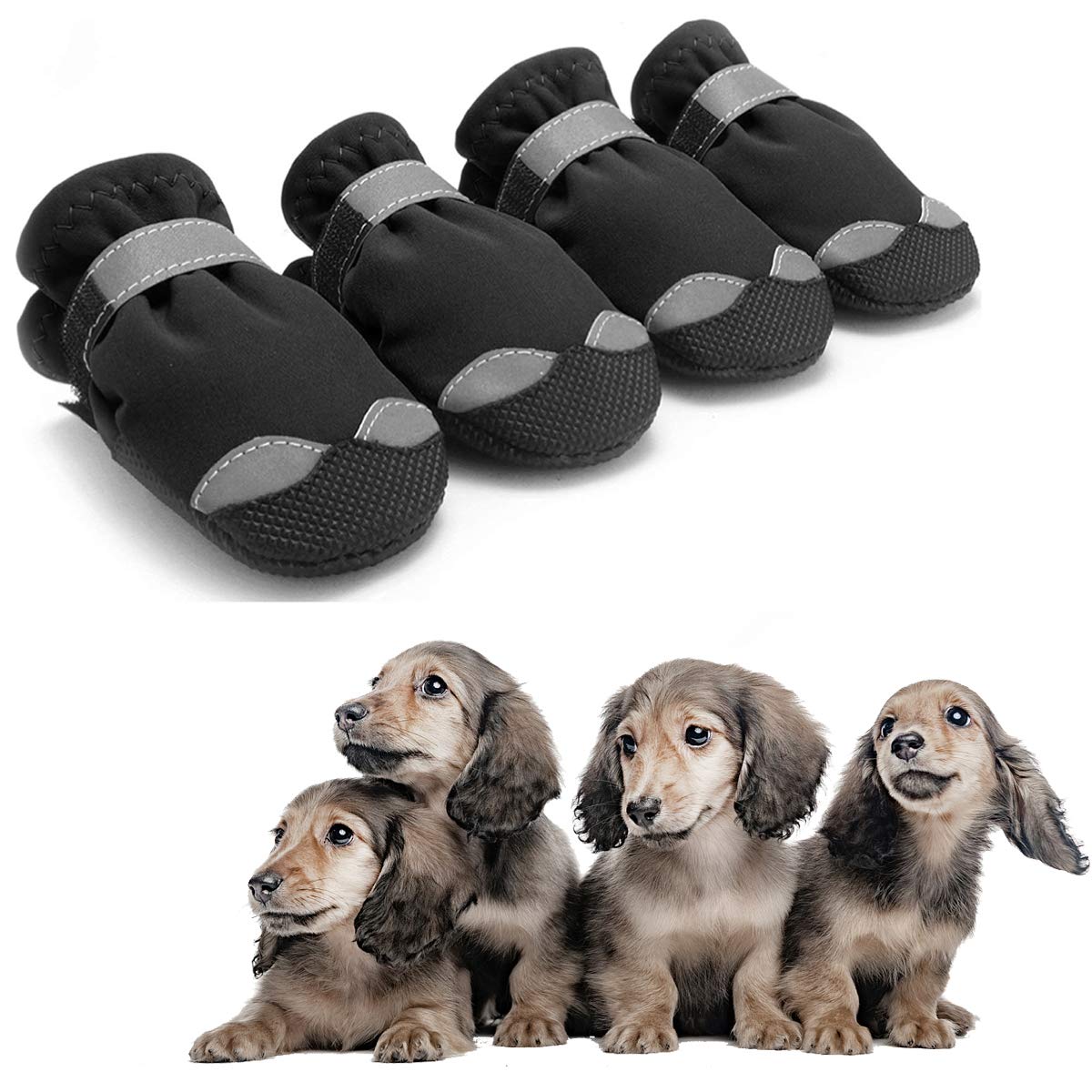 AODENER Puppy Dog Rain Boot for Paws Protector Waterproof Dog Rain Shoes Black -Reflective Non Slip Dog Snow Boots for Small Medium Puppy Set of 4 in Net Package (4#)