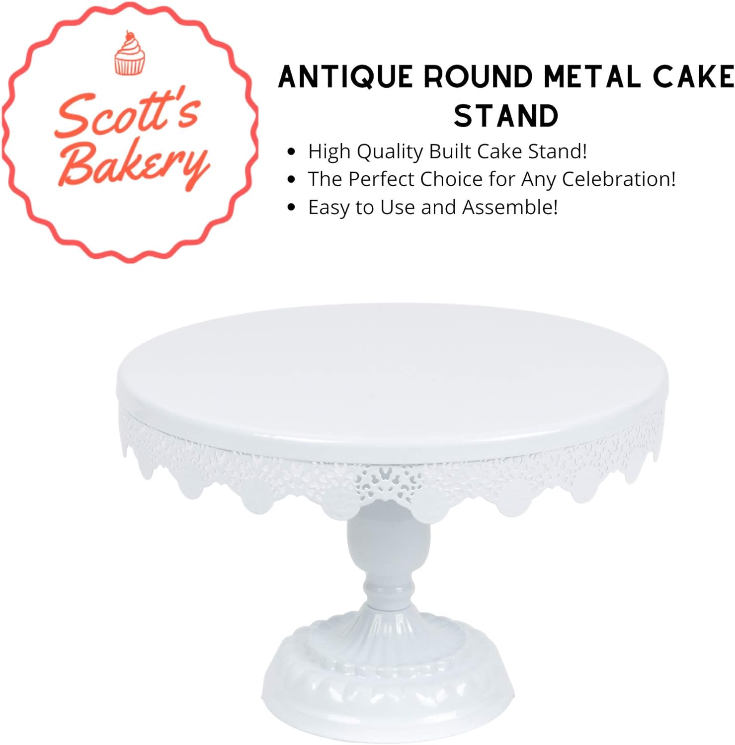 Scott's Bakery Antique Round Metal Cake Stand | Cupcake Display/Holder with Beautiful Design | Perfect for Weddings, Tea Parties, Birthday Parties and Celebrations | 10 Inch White |: Kitchen & Dining
