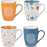 Christian Art Gifts Floral Ceramic Coffee and Tea Mug Set: In All Things Give Thanks: Thankful, Grateful, Blessed Novelty Mug Set with Scripture - Set of Four 12 oz. Cups, Blue/Orange/White Floral