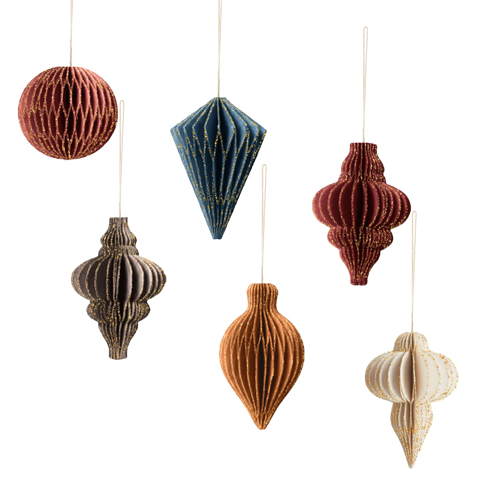 Aobkiat Christmas Party Decorations,Xmas Festival Paper Hanging Ornaments,6PCS 3D Glitter Edge Paper Honeycomb,Red Brown Christmas Ornaments for Christmas Tree,New Years Party,Home Decor