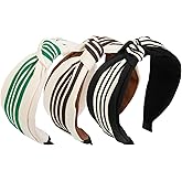 WOVOWOVO 3 Packs Knotted Headbands for Women, Striped Thick Texture Hairbands Non Slip Womens Fashion Head Bands, Cute Black Khaki Beige Headband Hair Accessories