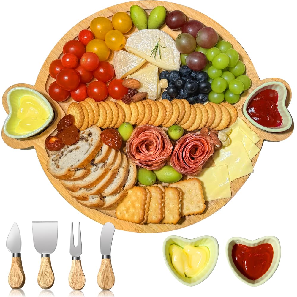 Photo 1 of Hongsane Charcuterie Boards,Cute Bamboo Cheese Board,House Warming Gifts New Home,Wedding Bridal Shower Gift,Birthday Mother's Day for Women Mom,Round Meat Fruit Serving Tray Platter