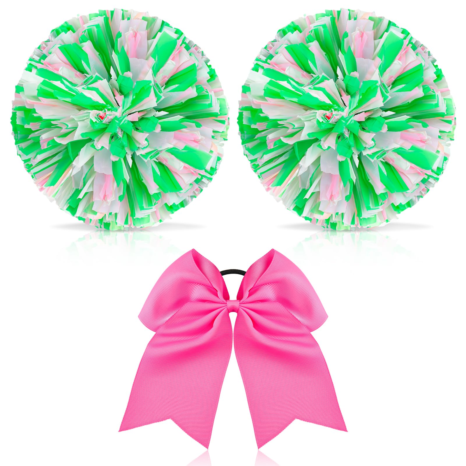 Photo 1 of Hanaive 3 Pcs Cheerleading Pom Poms and Large Cheerleader Hair Bow Metallic Cheer Supplies for Team Spirit Sports Dance Cheering(Pink Green White Pom,Matte)