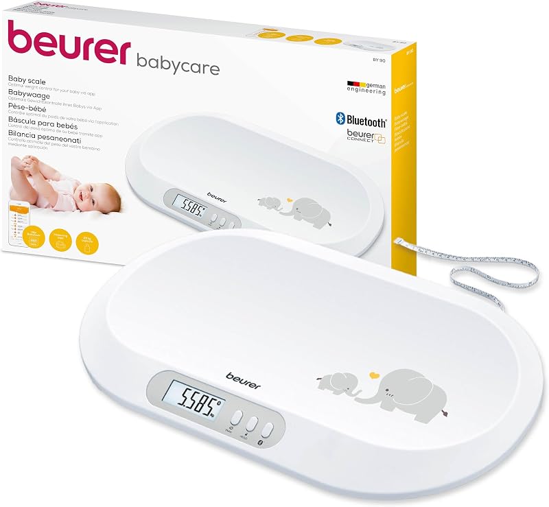 BY 90 Pèse-bébé connecté avec ruban mesureur intégré, application gratuite (iOS + Android), capacité de charge de 20 kg et fonction de maintien pour bébés gigoteurs