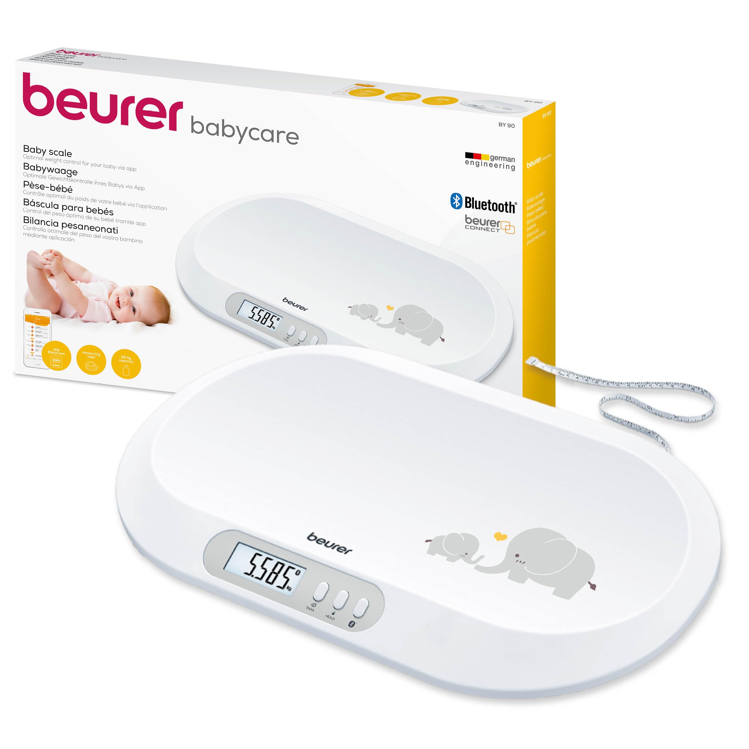 Beurer BY90 Baby Scale with App | Bluetooth connection to BabyCare app to track baby's development | Comfortable weighing surface | Integrated measuring tape | Hold function for wriggling babies