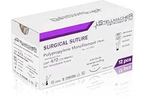 STELLMACHER INSTRUMENTS INC StellMacher Sutures Thread with Needle | 12 Pcs Surgical Practice Suture Kit for Students | Training Sterile Stitching Pad First Aid Emergency Travel, Vet Demo Use Polypropylene (Polypropylene 4-0)