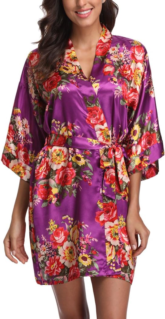 Floral Satin Kimono Robes for Women Short Bridesmaid and Bride Robe for Wedding Party