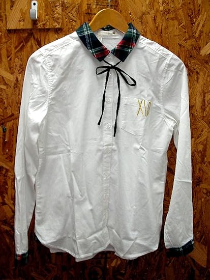 Amazon New Up 襟チェック リボン付きシャツ チェック衿 コットンブラウス リボン付コットンシャツ チェック衿コットンブラウス レディースコットンシャツ シャツ 長袖 レディース コットンブラウス ナチュラル 綿シャツ 白シャツ シロシャツ 襟チェック ネイビー