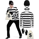 FancyFun 5 Pieces Halloween Costume Set, Men's Robber Costume Halloween Cosplay Burglar Accessories Striped Shirt for Adult