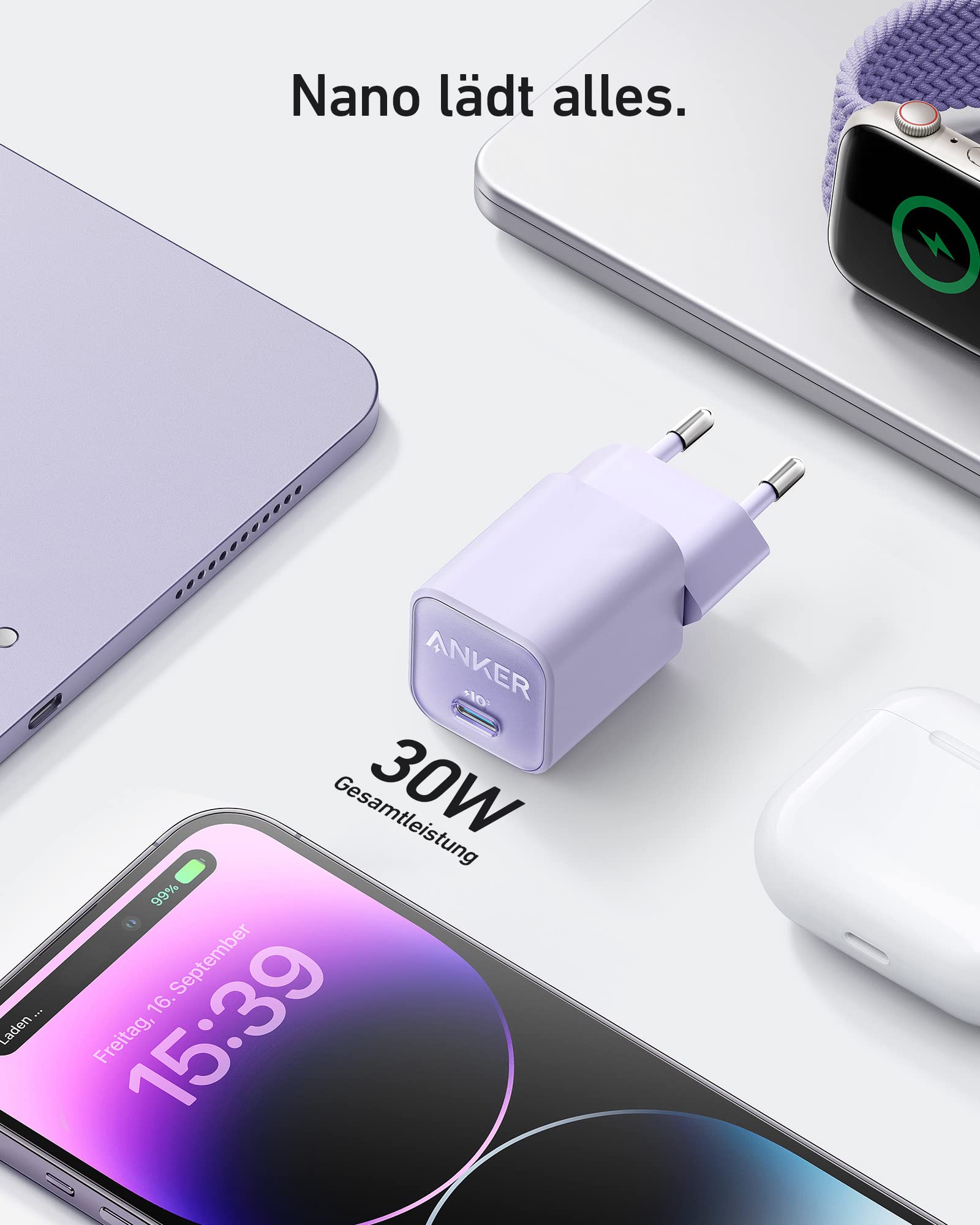 Anker 30W USB C Ladegerät, GaN 511 Nano 3, PIQ 3.0 PPS Schnellladegerät für iPhone 17/Pro/Pro Max/iPhone Air/16/15, Galaxy, Pixel 4/3, iPad (Ohne Ladekabel) 2
