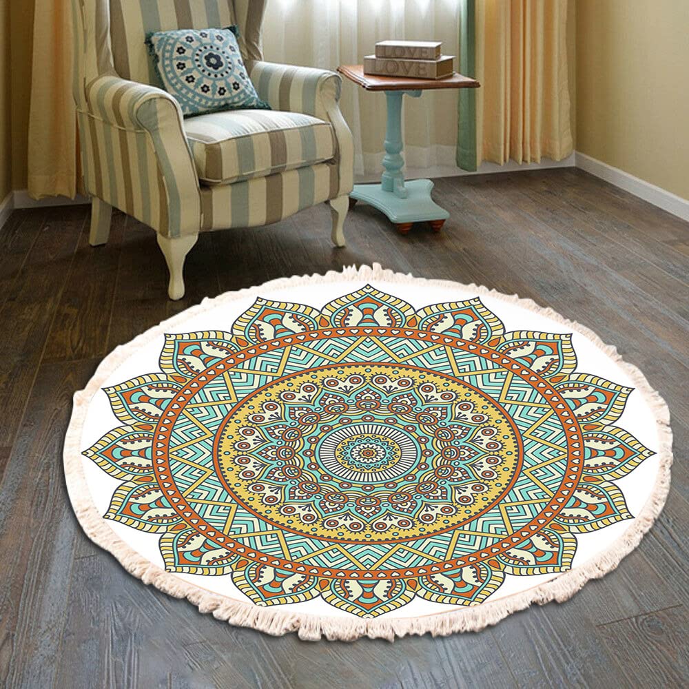 Duories Vintage Boho Cotton Rugs Mandala Pattern Washable Hand-Woven Bohemian Round Rug with Tassels for Bedroom Hallway Living Room Coffee Table Doormats, Machine Washable, 120 cm Flowers #23 — image 1
