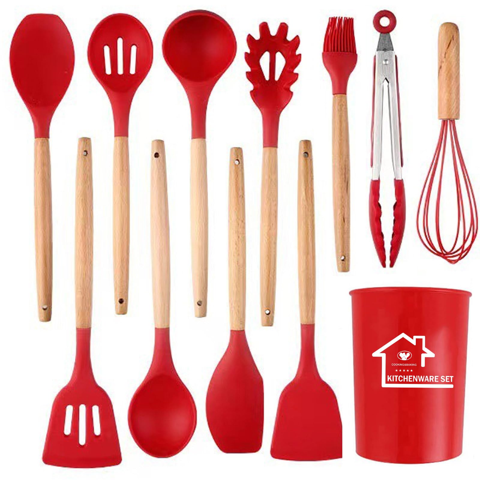 Kitchen Utensils Set, 12Pcs Silicone Cooking Utensils Set, Silicone Utensils Set, Cooking Tools Turner Tongs Nonstick Spatula Spoon for Nonstick Heat Resistant Cookware, Red