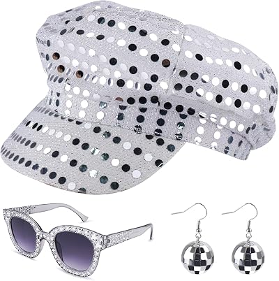 Dreamtop 3Pcs Silver Sequin Hat Set for Abba Women Disco Party Costume