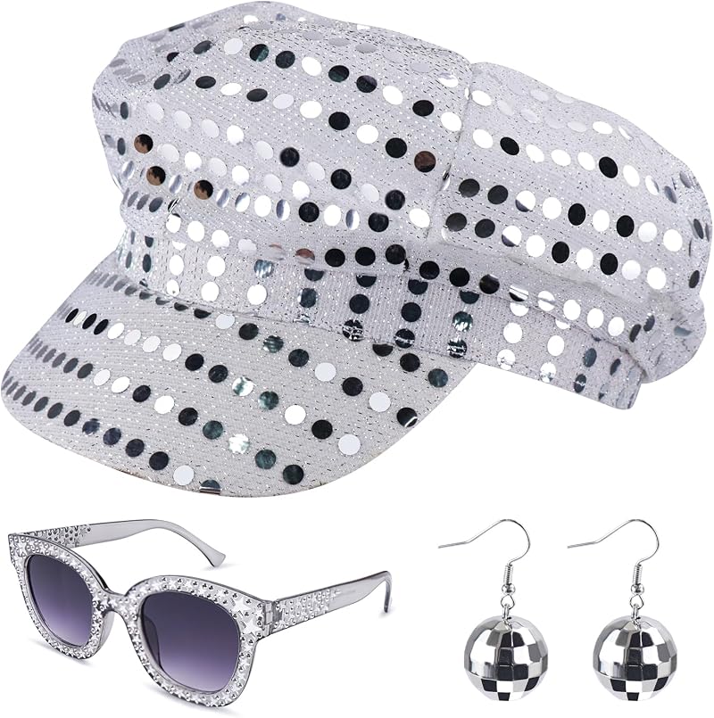 Dreamtop 3Pcs Silver Sequin Hat Set for Abba Women Disco Party Costume