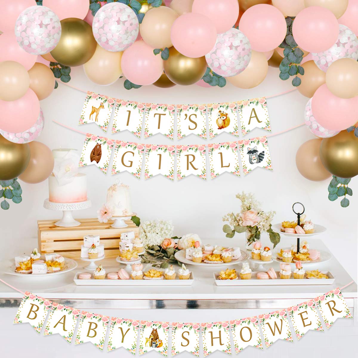 Kreatwow Woodland Baby Shower Decorations for Girl Pink Balloon Garland Arch It’s a Girl Banner Artificial Vine
