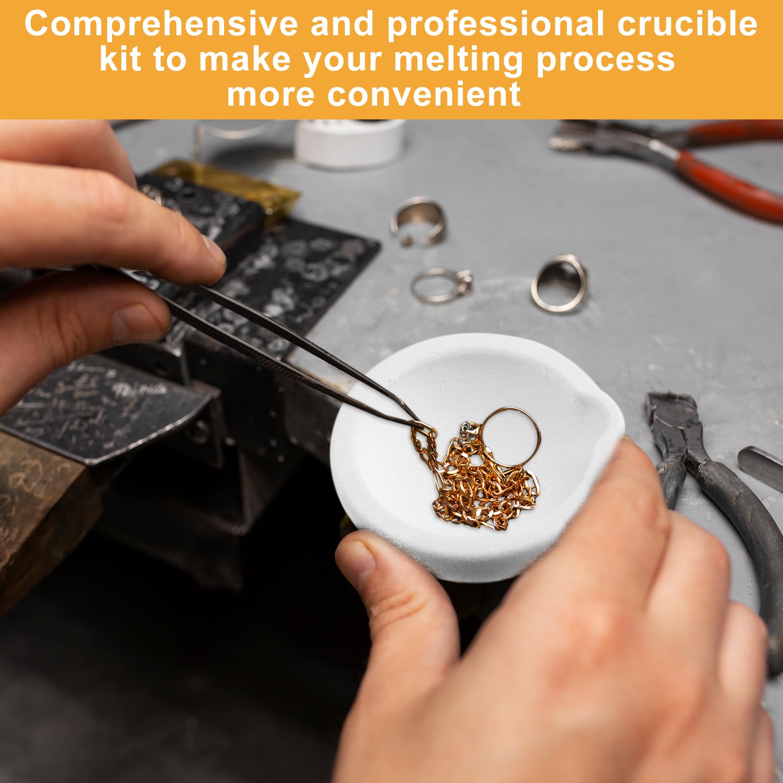 Asany 10 Pcs Small Melting Ceramic Crucible Dish Cup Set, 8 Pcs Ceramic Quartz Crucible Dish Cup, 2Pcs Gold Silver Copper Whip Tongs Handle 2A Jewelry Refining Casting Pot, white