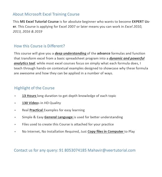 Advance Excel Video Training 13 Hours Course Dvd In Hindi Lifetime Access No Installation No Internet Copy In Computer Amazon In Software