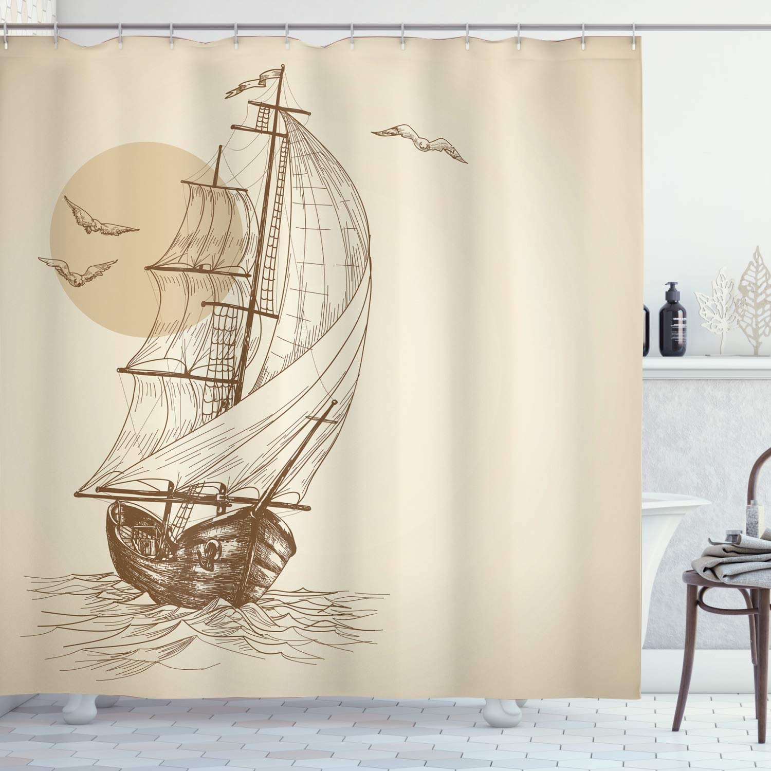 ABAKUHAUS Nautical Shower Curtain, Sailing Ship Floating on Wavy Ocean Sketch Artwork Flying Birds Sunset Scenery, Cloth Fabric Bathroom Decor Set with Hooks, 175 x 220 cm, Beige Ecru Umbra Brown