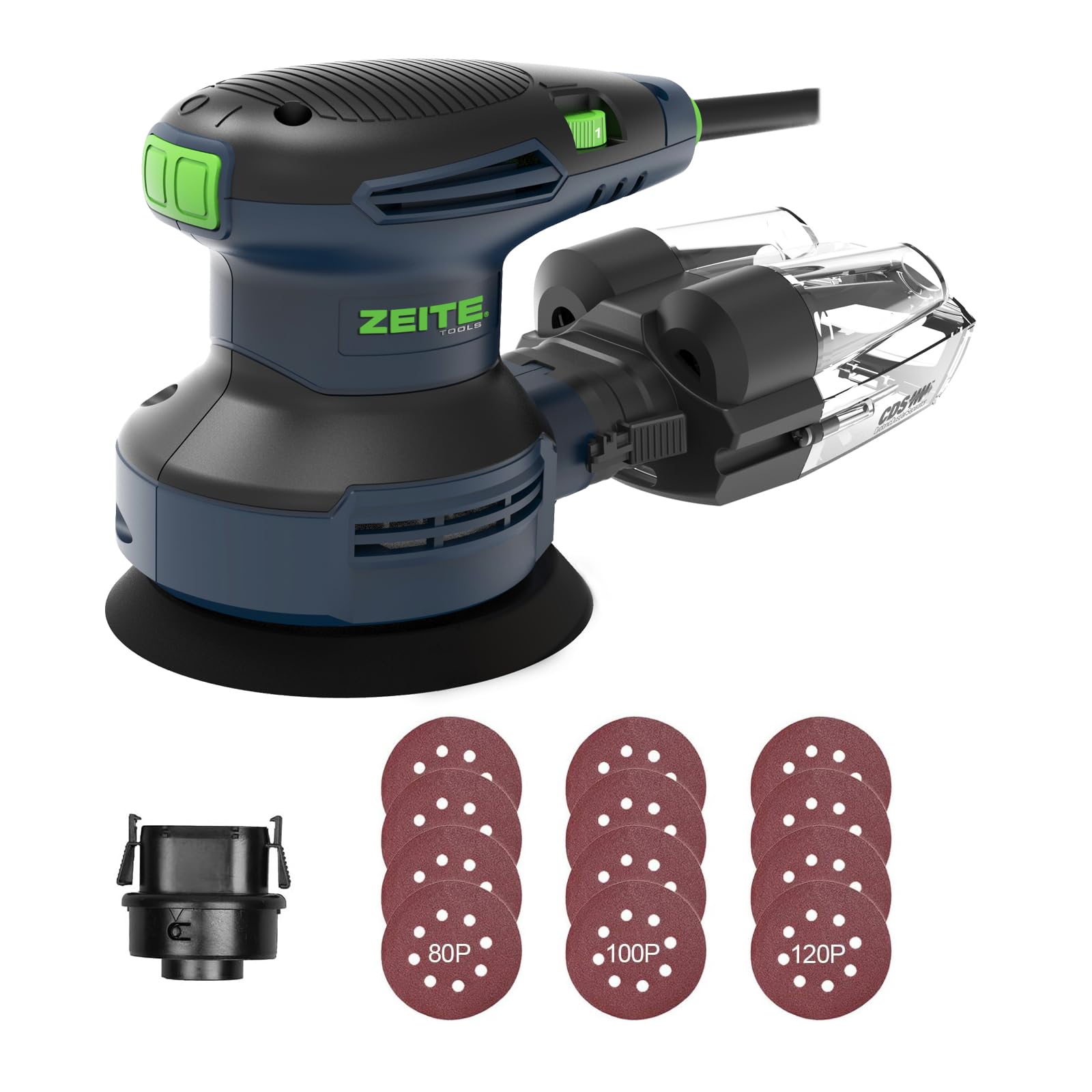 Photo 1 of ZEITE Random Orbital Sander Tool, Electric Palm Sander, 3.0 Amp Wood Sanding Machine, Variable Speed 5000-12000 OPM, Cyclonic Dust Box, Vacuum Adapter, 12Pcs 5" Sandpapers for Sanding and Polishing
