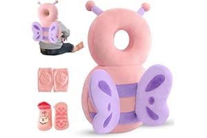 HippoBaby Baby Head Protector Backpack – Toddler Safety Cushion for Crawling & Walking – Infant Fall Protection Pillow with Adjustable Straps – Comes with Knee Pads & Non-Slip Baby Socks (Butterfly)