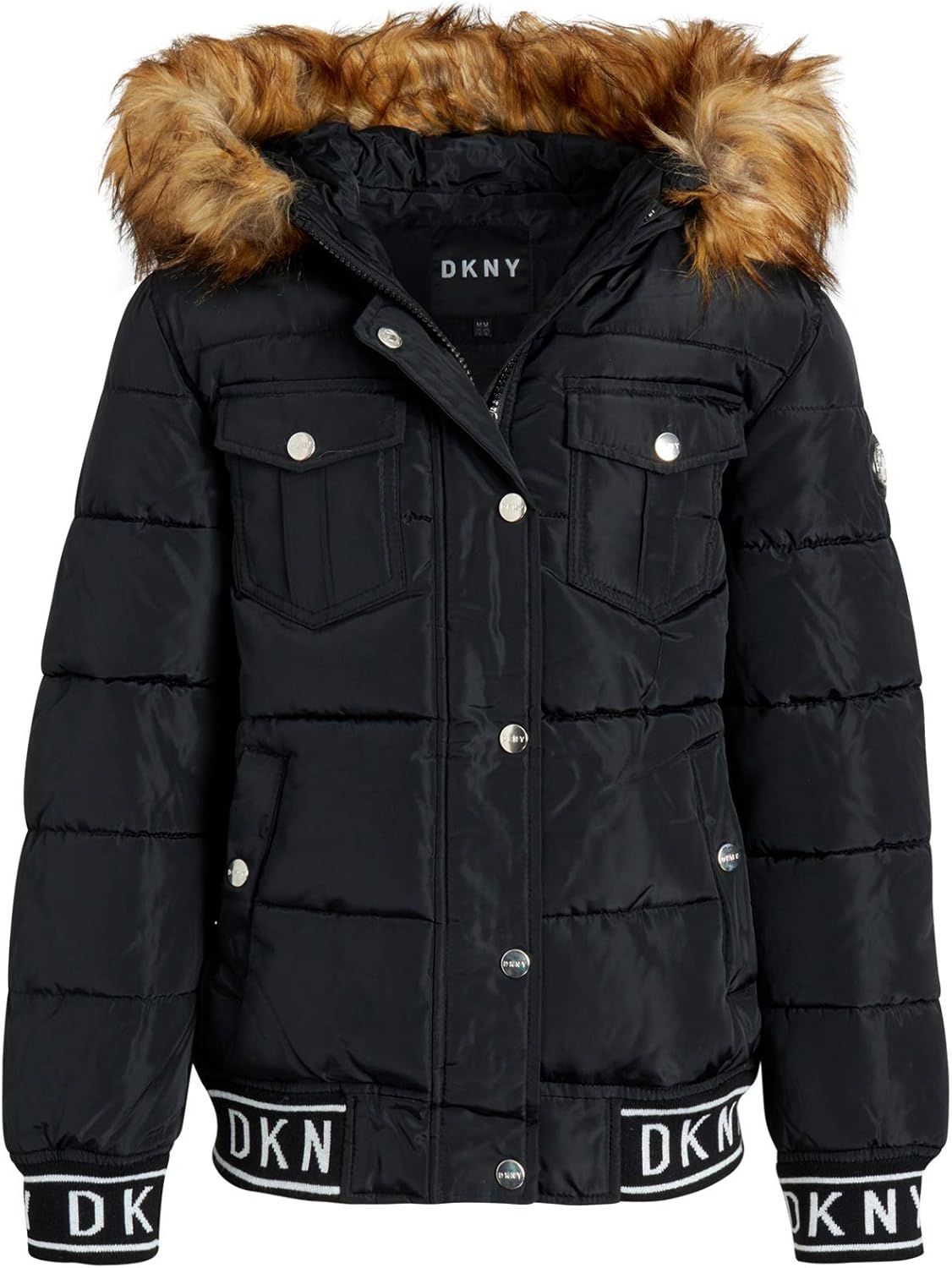 DKNY Girls' Heavyweight Quilted Bubble Jacket with Snap and Zip Closure and Removable Fur Hood: Clothing