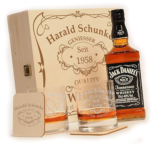 polar-effekt 6-TLG Whisky Geschenk-Set mit Jack Daniels No.7 | 2 Whiskygläser, 2 Untersetzer und Whiskey Flasche in Geschenk-