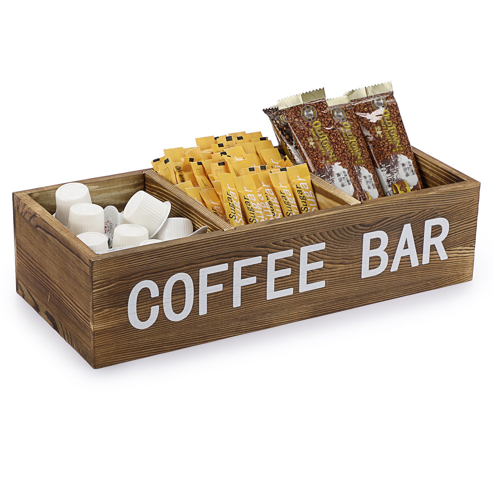 IGNPION 3-Compartment Wooden Storage Desktop Basket with Adjustable Dividers - Coffee Bar Station Organiser Box for Napkin, Coffee Capsules, Sweetener, Condiments