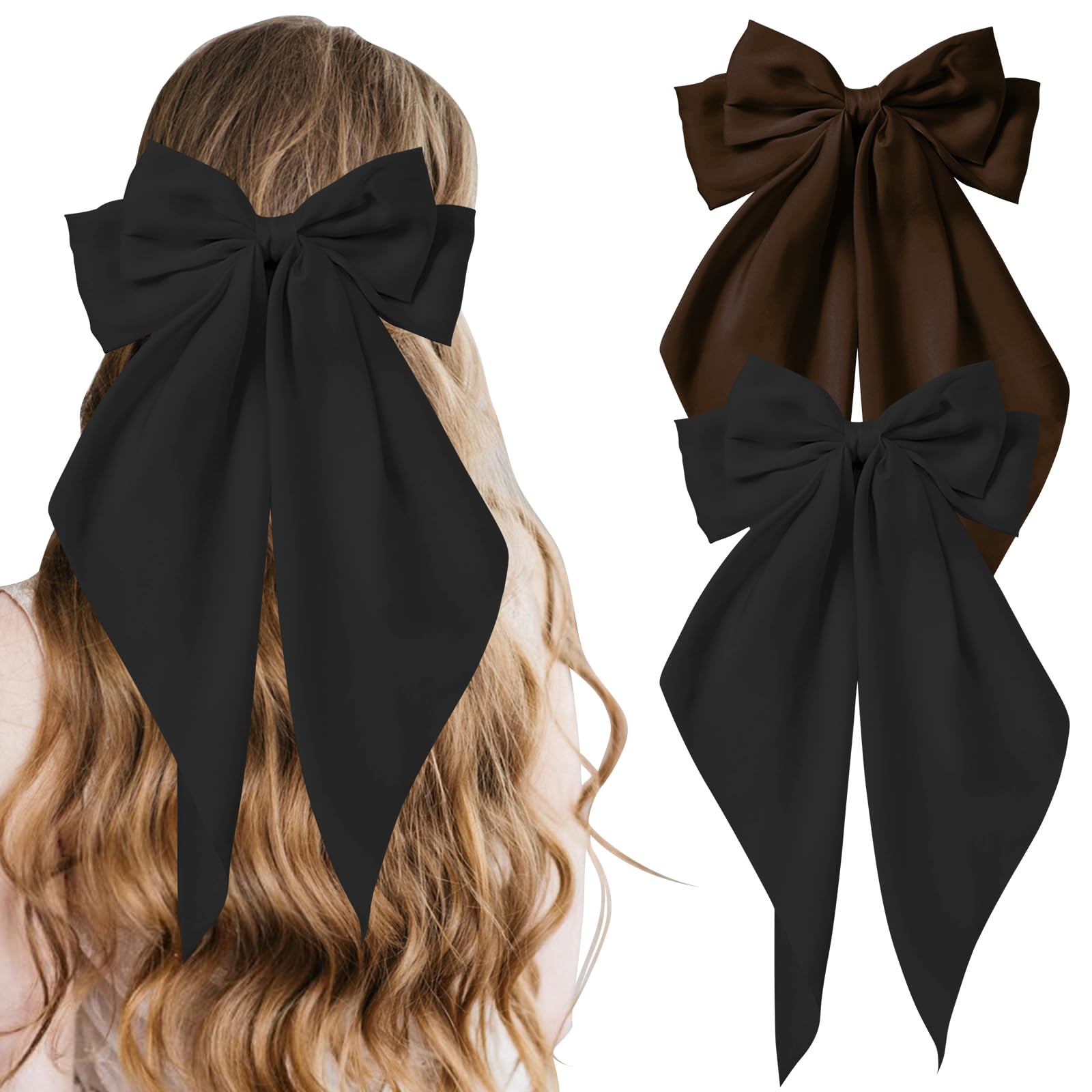 COLANANA 2 Pcs Big Hair Bow,Dark Curry Big Bows for Girls,Bowknot Hairpin French Hair Clips With Long Silky Satin Hair Barrettes Accessories Bow Hair Clips for Women Girl