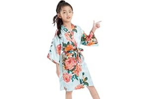QXQTER Peony Floral Silk Kimono Robe Wedding Bridesmaid Robes Dressing Gown Nightgown for Girls