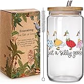 Cute Silly White Goose Glass Cup Christmas Gift for Women Friend Goose Lover, Animal Ice Coffee Glass Cup Soda Boba Cocktail Birthday Gifts for Boyfriend Girlfriend Husband Wife with Lid Straw 16oz