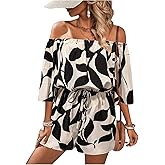 SHENHE Women's Off Shoulder Flutter Sleeve Boho Tropical Romper Short Jumpsuit Playsuit
