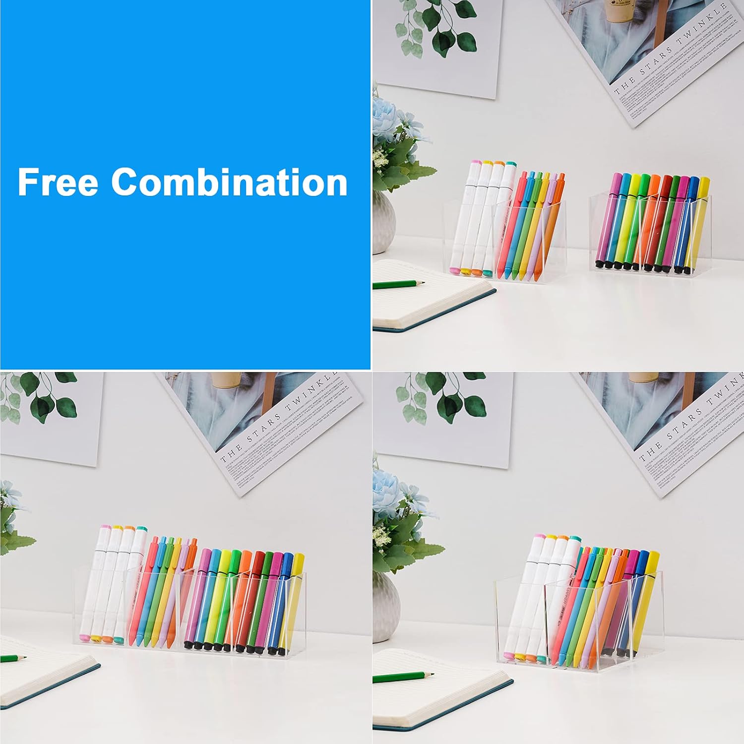 Vitviti Acrylic Pen Holder, Clear Desk Organizer, Pencil Cup Holder for Desk with 4 Compartments, Desktop Stationery Organizer for Home/Office Storage/School/Art Supply, Set of 2: Home Improvement