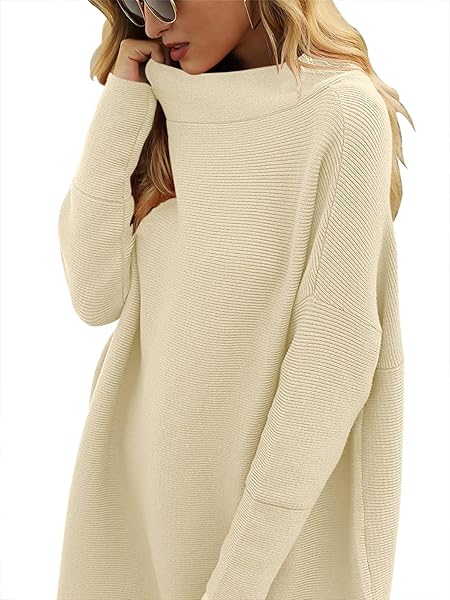 PRINBARA WOMEN’S CASUAL TURTLENECK BATWING SLEEVE OVERSIZED RIBBED KNIT TUNIC SWEATERS PULLOVER TOPS