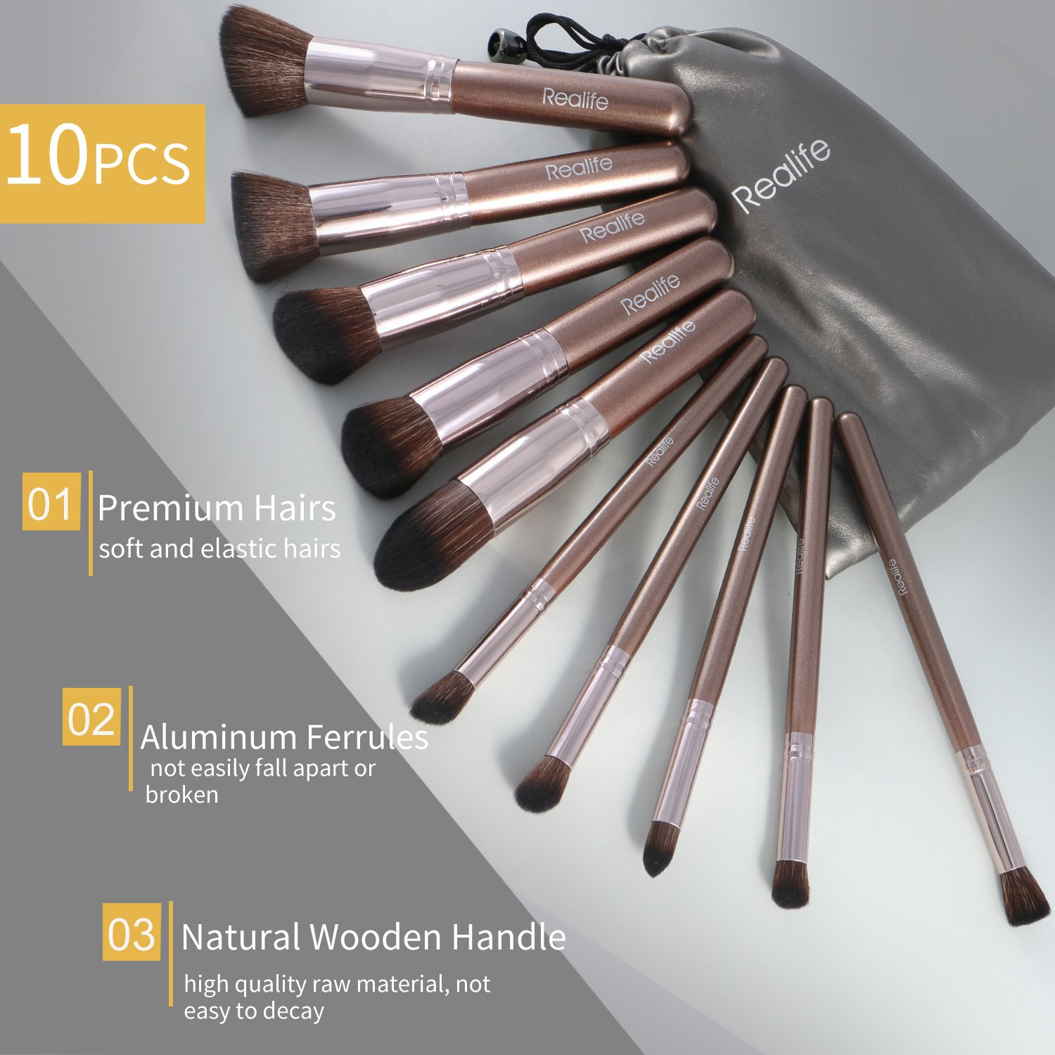 ZaKitane Makeup Brush Set Premium Synthetic Kabuki Cosmetics Foundation Makeup Foundation Eyeliner Blush Contour Brush for Powder Brush Makeup Brushes Kit(10pcs, Coffee)