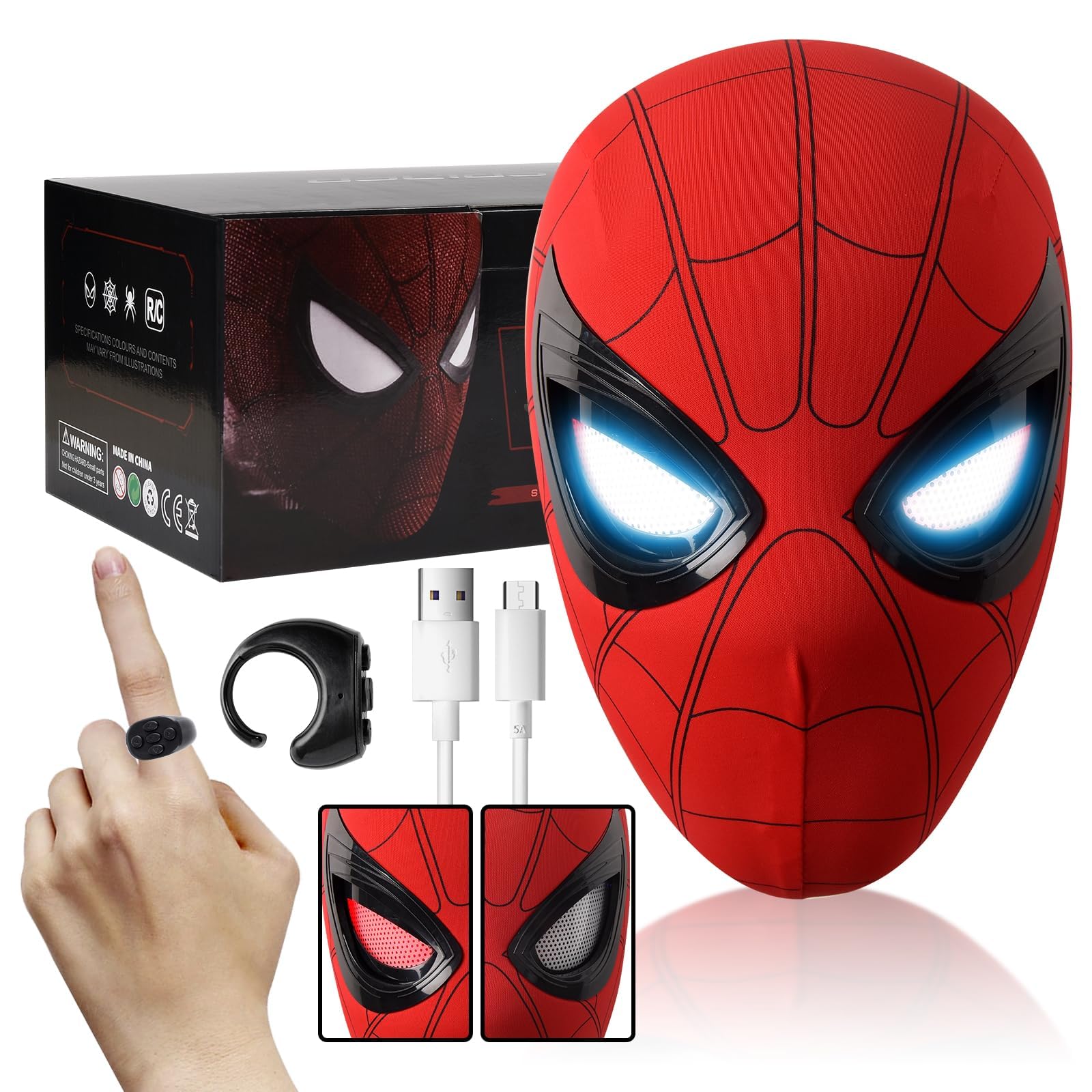 Photo 1 of **BATTERY COVER THAT GOES IN BETWEEN EYES INSIDE MASK IS MISSING** AUGMAXI Electric Spider Superhero Role-Playing Mask Toy with Moving Eyes and LED Lights - Remote Control Ring, Fun Gift for Men (red)