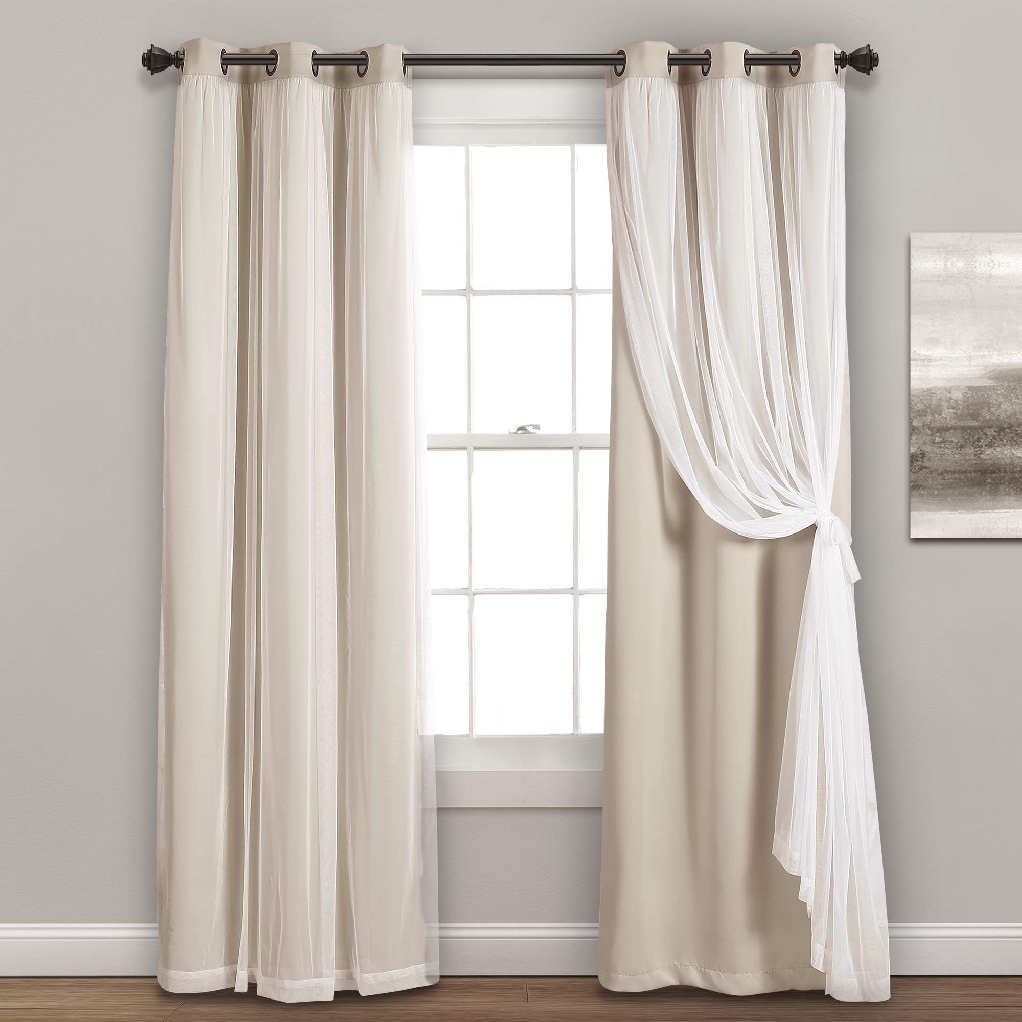 Lush Decor Sheer Grommet Curtains With Insulated Blackout Lining, Window Curtain Panels, Pair, 38"W x 95"L, Wheat - Curtain With Sheer Overlay, Elegant Blackout Curtains for Bedroom Image