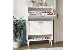 NOVAMAISON Shoe Cabinet with 2 Flip Drawers, Freestanding Shoe Storage Cabinet for Entryway, Farmhouse Shoe Organizer Cabinets with Wood Legs, Narrow Shoes Rack Cabinet, White