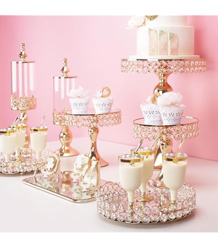Uiifan 4 Pcs Crystal Gold Cake Stand Set 4 Size Elegant Round Dessert Display Metal Cupcake Stand With Mirror Plate Crystal Beads For Party Birthday - View #8