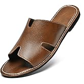 Men's Genuine Leather Flat Slides Sandals Summer Classic Round Open Toe Slip On Softsole Male Sandals for Beach Walking Slides