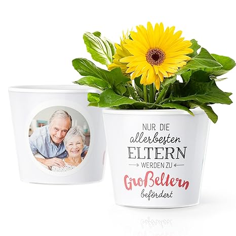 Facepot Baby Oma und Opa Geschenke - Blumentopf (ø16cm) für werdende Großeltern mit Bilderrahmen für Zwei Fotos (10x15cm) | N