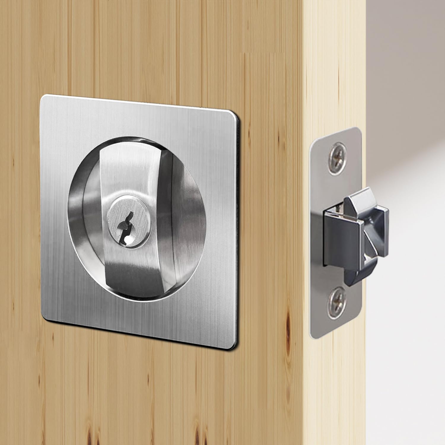 QINAIXQM Sliding Door Lock Pocket Door Invisible Recessed Mortise Lock Wooden Silver
