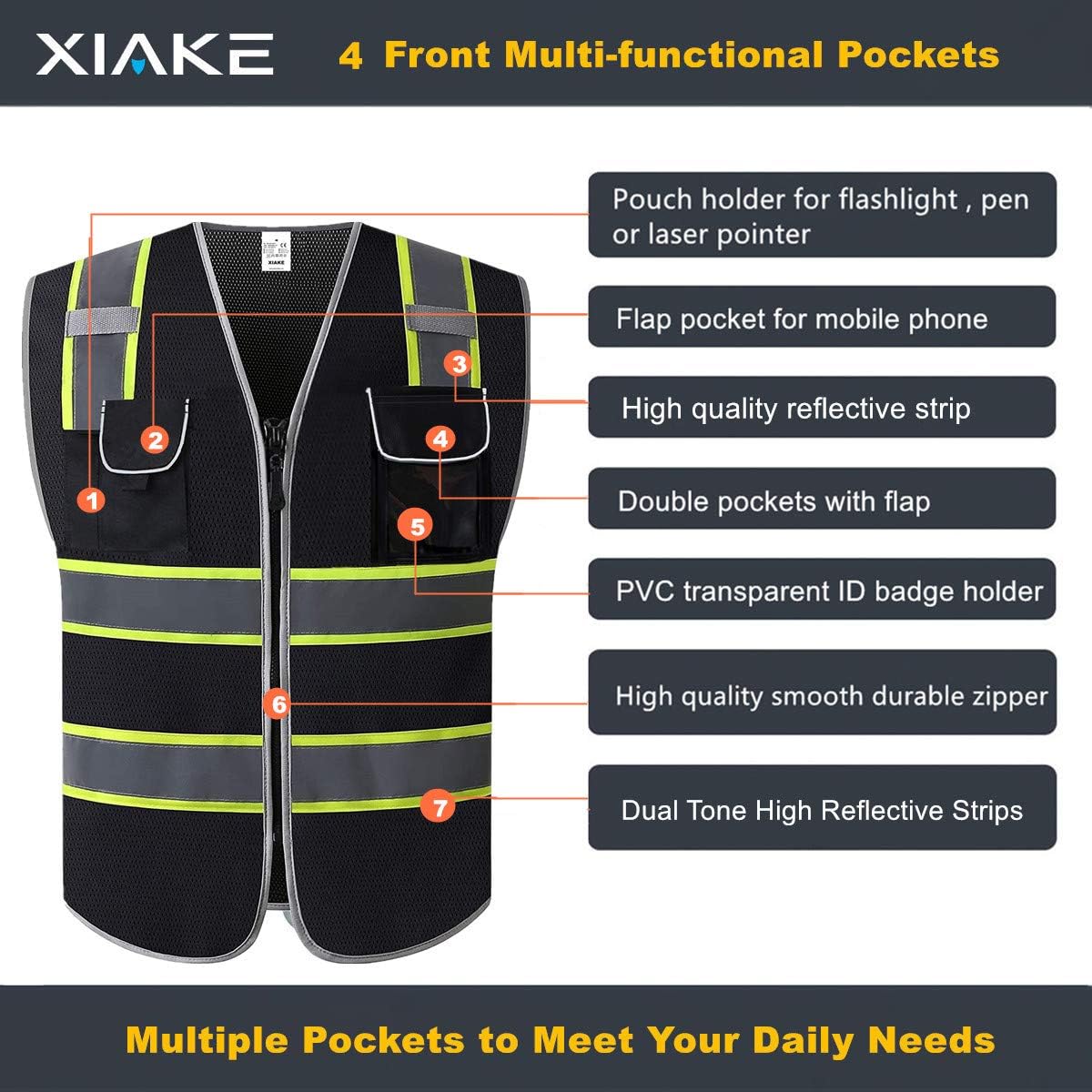XIAKE 4 Pockets Black Safety Vest Mesh Lite, Dual Tone High Reflective Strips: Clothing